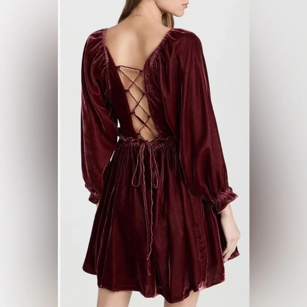 Free People Women’s Daphne Boho Velvet Mini Dress in Roan Rouge Sz Small Fall